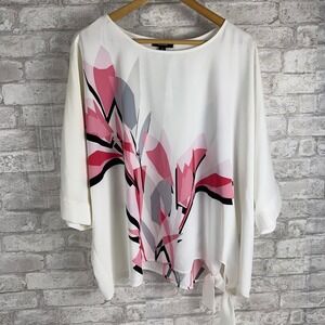 New Alfani Popover‎ Top Blouse Wide Kimono Sleeve White Pink Floral Size 3x